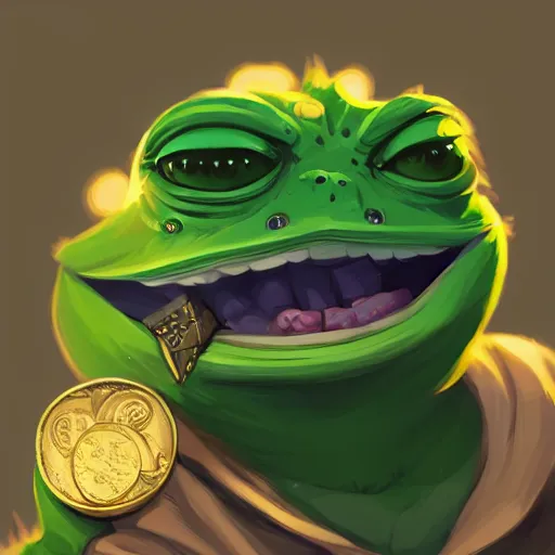 Image similar to super rich happy pepe, luxury, treasury, coins, money, hyper detalied, blue crystals, greg rutkowski, artstation