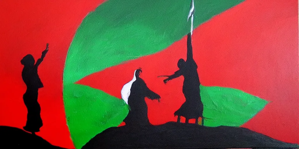 Image similar to dramatic painting of freedom for palestine, red green white black