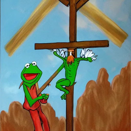 Prompt: Painting of Kermit the Frog from Sesame Street as Jesus Christ being crucified