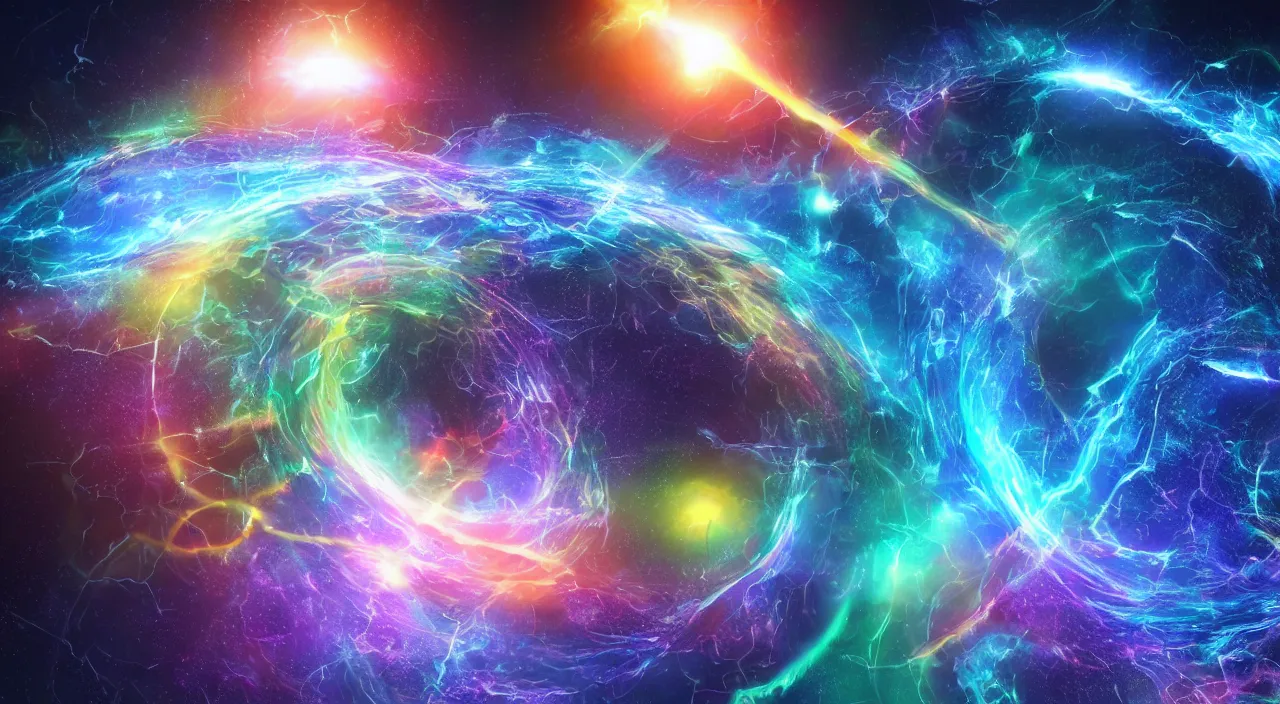 Image similar to Infinite colorful portals to alternate dimensions open before him and ripple through space time, photo realistic, dramatic lighting, windy, UHD 8K