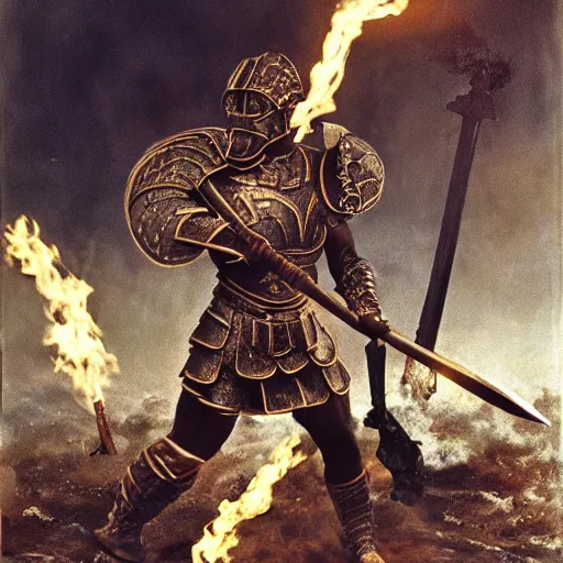 Prompt: african american male spartan warrior. With intricate bronze armour. Fighting a demon. Holding a fiery greatsword. Battlescene film still. Colourized. Stanley Kubrick.