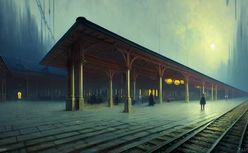 Prompt: painting of a wide angle exterior shot of a victorian utopian train station with cinematic lighting by peter zumthor and renzo piano, darek zabrocki and greg ruthkowski, alphonse mucha, simon stalenhag and cinematic and blue cold atmospheric, holy place, atmospheric, archillect concept art, artstation, trending on artstation