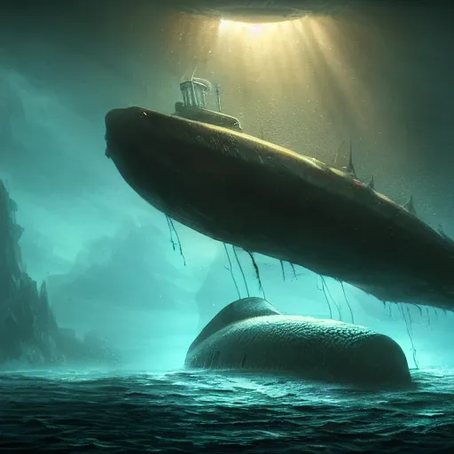 Image similar to a huge eldritch underwater sea monster illuminated by a small submarine spotlight in the depths by Marek Okon, god rays, fantasy art, 4k, HDR, photorealistic, 8k, trending on artstation