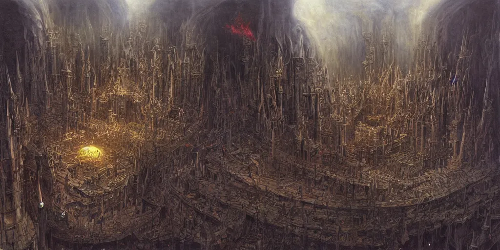 Image similar to Artwork by John Howe of the cinematic view of the Chaotic Oubliette of the Demon King.