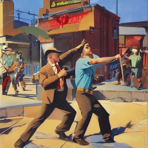 Image similar to dynamic shootout in western town, by tom lovell and frank schoonover and dean cornwell