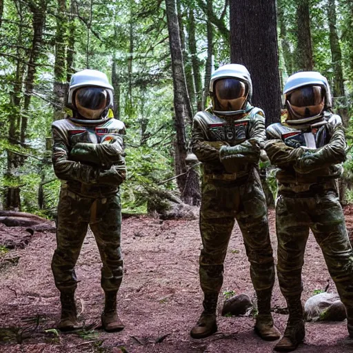 Image similar to a squad of space scouts wearing camo uniforms with white armor and helmets exploring a forest planet