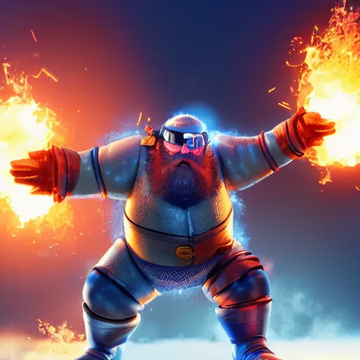 Image similar to highly detailed octane render of a short fat ugly man with a giant beard wearing goggles and blue armour is being blown up in an explosion