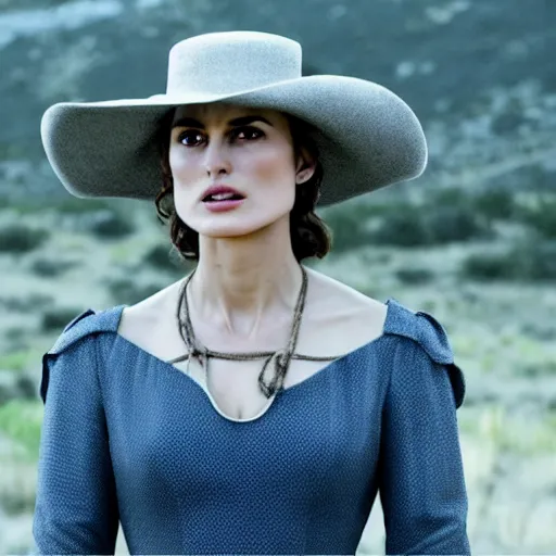 Image similar to Kiera Knightley as Dolores in Westworld (2018), blue dress, film still