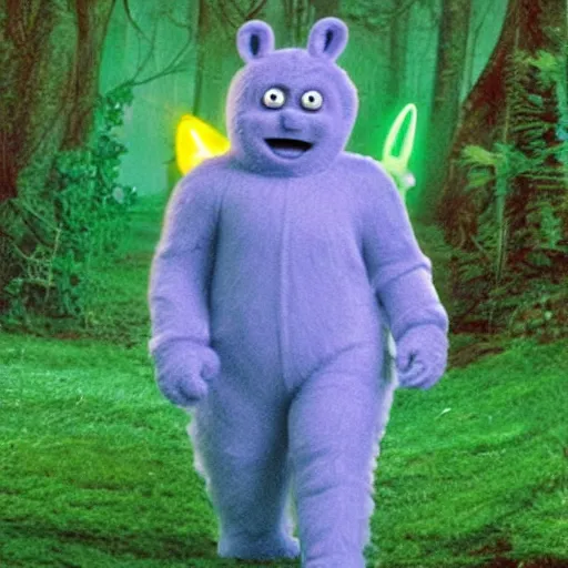 Image similar to photo of feral cryptid sasquatch teletubbies