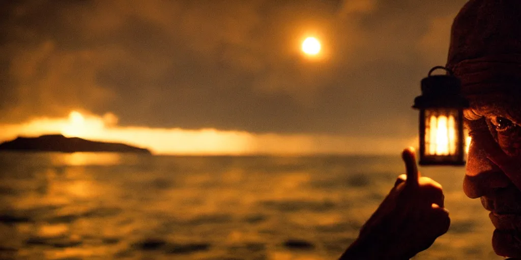 Image similar to film still of closeup old man holding up lantern by his beach hut at night. pirate ship in the ocean by emmanuel lubezki