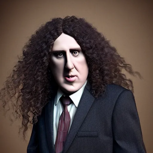 Image similar to The Lovechild of Weird Al Yankovic and Tiny Tim, real life, hyperrealistic, ultra realistic, realistic, highly detailed, epic, HD quality, 8k resolution, body and headshot, front facing, front view, headshot and bodyshot, detailed face, very detailed face