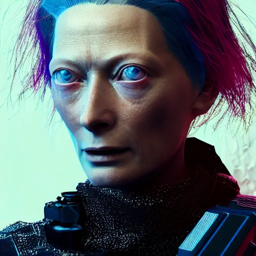 Prompt: cyberpunk tilda swinton, macro, vibrant, 30mm photography, realism artstyle, wide shot, dramatic lighting, octane render, hyperrealistic, high quality, highly detailed, artstation, HD, beautiful, cinematic, 8k, unreal engine, facial accuracy, symmetrical