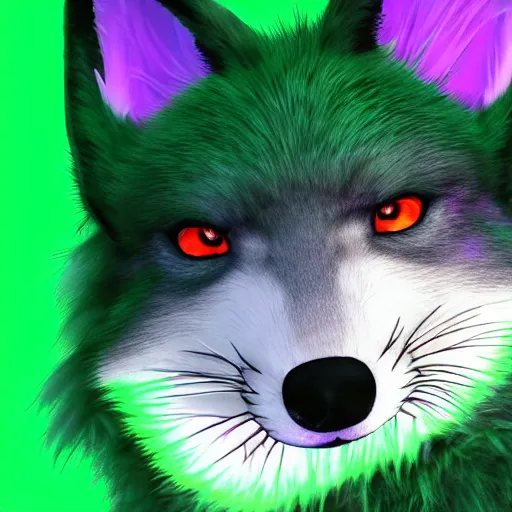 Image similar to photorealistic green fox with green fur and glowing magenta eyes, wearing a black hoodie