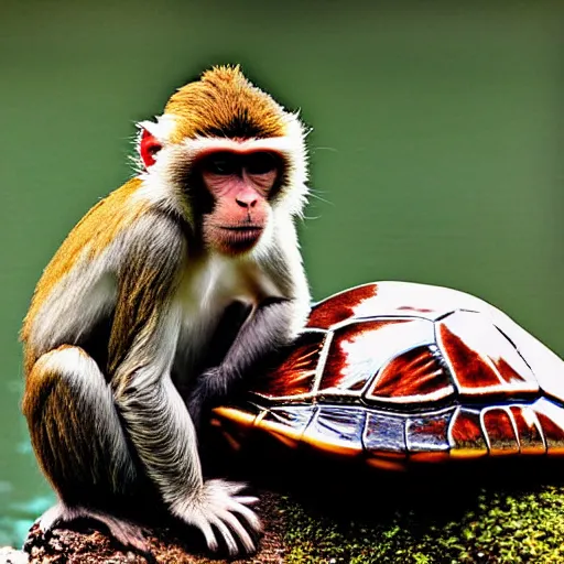 Prompt: nature photograph of a monkey sitting on the back of a turtle. national geographic