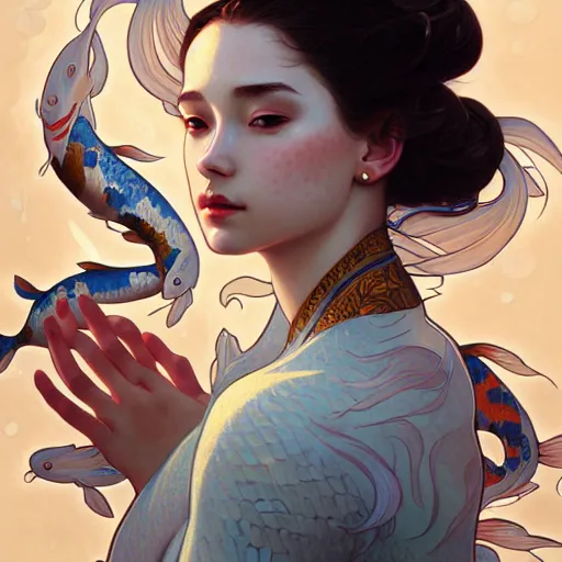 Image similar to Portrait of a girl surrounded by Koi fish, face, fantasy, intricate, elegant, highly detailed, digital painting, artstation, concept art, smooth, sharp focus, illustration, art by Loish and greg rutkowski and alphonse mucha