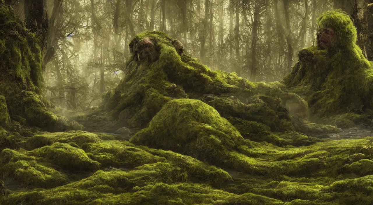 Prompt: Giant 65 year-old Gaia covered in moss, crying softly and humbly, sitting on a dried up river, highly-detailed, elegant, dramatic lighting, artstation, 4k