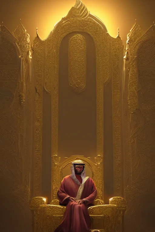 Prompt: portrait, Sultan of arabia on his golden throne, dynamic lighting, volumetric, bokeh, cinematic, establishing shot, extremly high detail, photo realistic, cinematic lighting, post processed, concept art, artstation, matte painting, style by eddie mendoza, raphael lacoste, alex ross