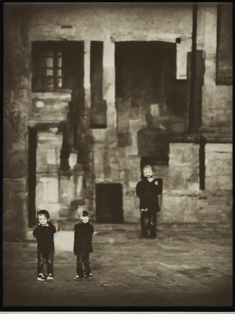 Prompt: only two kids posing for a picture, late at night, dark, backlighting, small village, empty town square, old polaroid, color