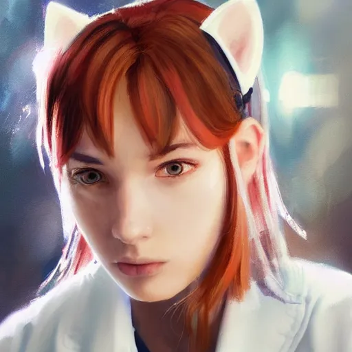 Prompt: girl with cat ears wearing a labcoat in a biology lab, microscope on the table, expressive oil painting, matte art, trending on artstation, sunlit, octane render, brushstrokes, beautiful face portrait, beautiful lighting