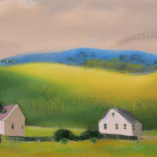 Image similar to new england houses among hills and fields, light pastel style painting