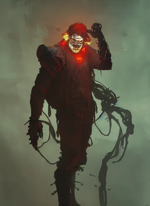 Image similar to a Photorealistic dramatic hyperrealistic render of an eerie SPAWN comic supervillain character the Evil Clown Violator by WLOP,Greg Rutkowski,Alphonse Mucha, Beautiful dynamic dramatic dark moody lighting,shadows,cinematic atmosphere,Artstation,concept design art,Octane render,8K