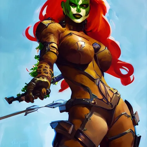 Image similar to greg manchess portrait painting of armored poison ivy as overwatch character, medium shot, asymmetrical, profile picture, organic painting, sunny day, matte painting, bold shapes, hard edges, street art, trending on artstation, by huang guangjian and gil elvgren and sachin teng