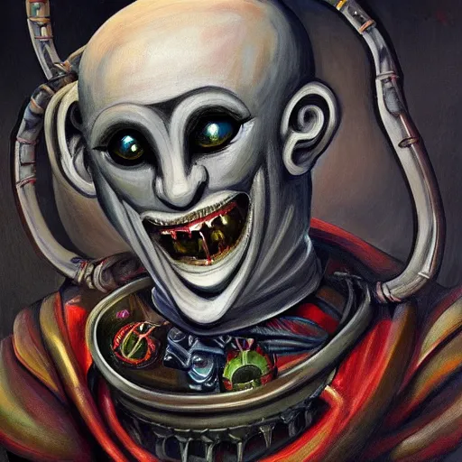 Prompt: beautiful painting of a giant jester with a theatre embedded in its chest in the style of Welder Wings and H. R. Giger. Dark background, detailed, trending on Artstation