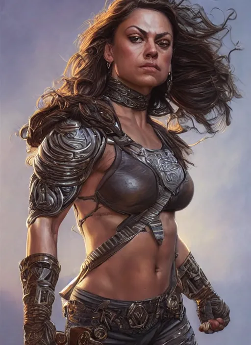 Image similar to very muscled Amazon Mila Kunis as a ruggedly mean looking heroine, intricate, elegant, highly detailed, centered, digital painting, artstation, concept art, smooth, sharp focus, illustration, art by artgerm and donato giancola and Joseph Christian Leyendecker, WLOP