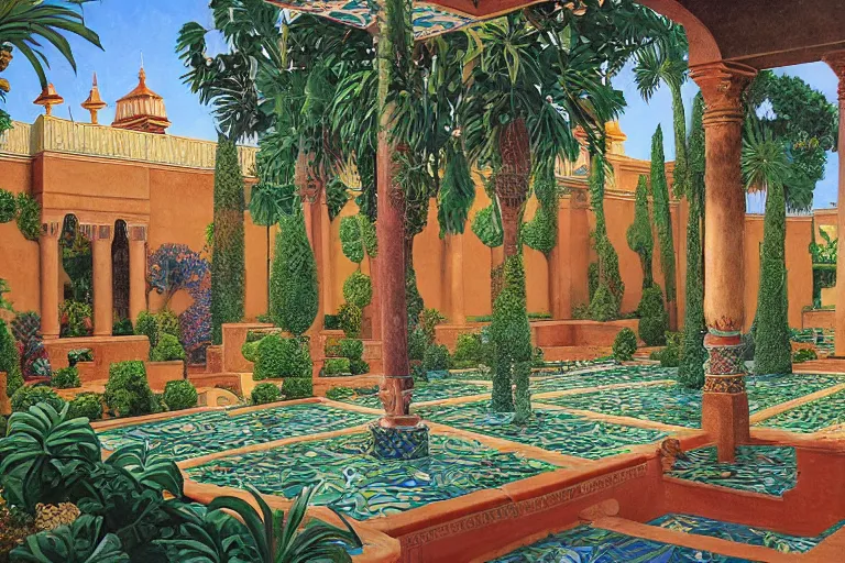 Prompt: painting of a beautiful moorish palace courtyard garden, by alayna danner and maxfield parrish and rob gonsalves, patterned tilework, palm trees, tiled fountains, extremely detailed, cinematic lighting, smooth sharp focus