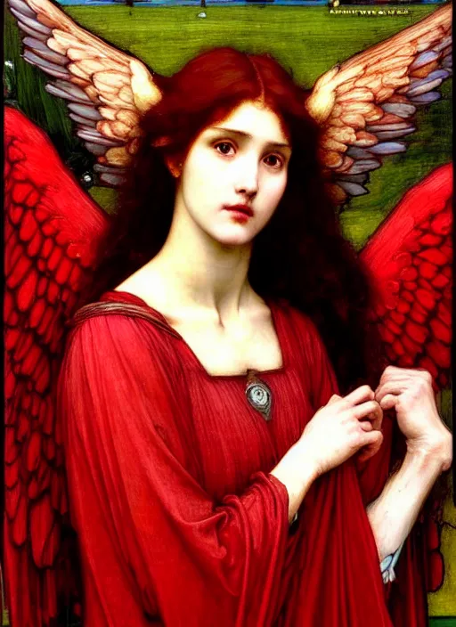 Image similar to portrait of beautiful female archangel in red robes, preraphaelite painting by john william waterhouse, trending on art station. highly detailed, symmetrical face.