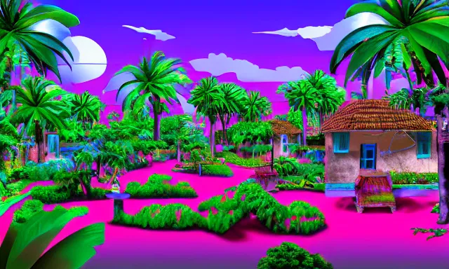 Image similar to village in a vaporwave jungle, 4k, ultra realistic, award winning Photograph