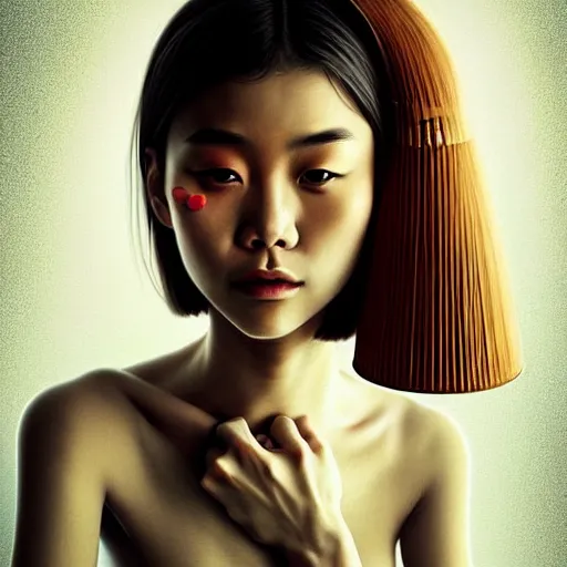 Prompt: beautiful portrait of a hopeless, worthless, lonely, vietnamese, ( waitress ) girl, stunning, intelligent, fashionable, vivid!!, sharp, crisp, colorful!!, ultra ambient occlusion, reflective, universal shadowing, fantasy art, extremely even lighting, art by wlop, dr seuss!!, ilya