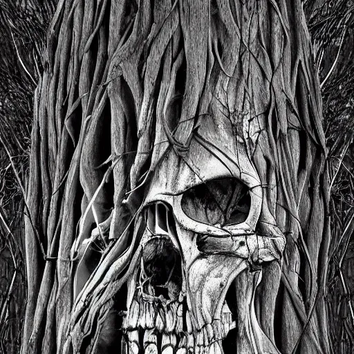 Image similar to Human skeleton absorbed into a tree, detailed, digital art