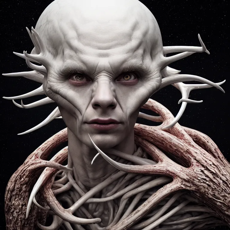 Image similar to portrait of white alien man with ribbed body, covered with twisted ribbed crooked antlers in wastelands on white exoplanet, baroque portrait painting, beautiful intricate insanely detailed octane render, artstation, 8 k artistic photography, photorealistic, volumetric perfect light, chiaroscuro, raphael, caravaggio, beksinski, rutkowski, giger