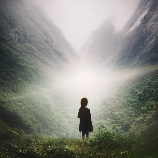 Prompt: ethereal goddess in a misty mountain valley