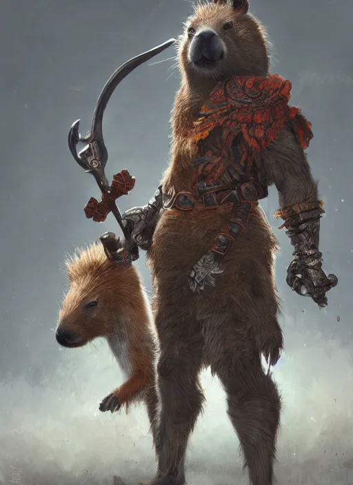 Image similar to detailed full body concept art illustration, oil painting on canvas of an anthropomorphic capybara barbarian swinging a two handed sword in full intricate clothing, biomutant, dystopian, micro detail, octane render, 4K