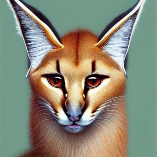 Image similar to fullbody portrait of cute fluffy caracal with laurel wreath on his head, chaplet on head, illustration, high detail, francine van hove