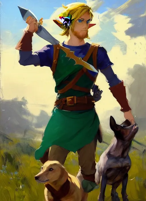 Image similar to Greg Manchess painting of Link from Legend of Zelda in casual wear out with the dogs, countryside, fantasy character portrait, dynamic pose, above view, sunny day, thunder clouds in the sky, artwork by Jeremy Lipkin and Giuseppe Dangelico Pino and Michael Garmash and Rob Rey, very coherent asymmetrical artwork, sharp edges, perfect face, simple form, wacky, 100mm