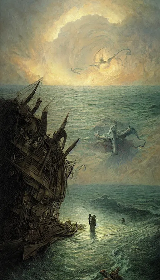 Image similar to man on boat crossing a body of water in hell with creatures in the water, sea of souls, by james gurney