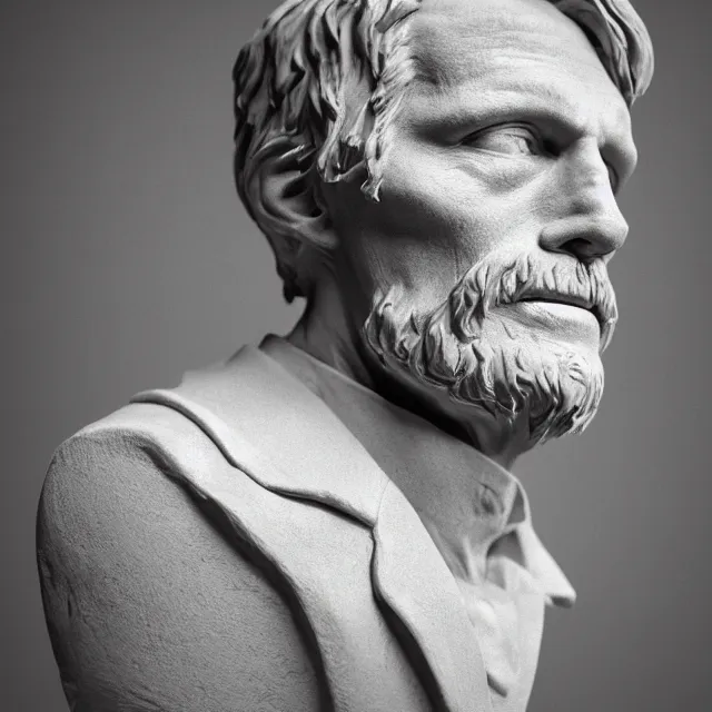 Image similar to photography of a bust of old Wiliam Dafoe made of clay by Sebastian Kruger and Michelangelo, 50mm, studio atmosphere, 8K, rim light, octane render, ultra-realistic