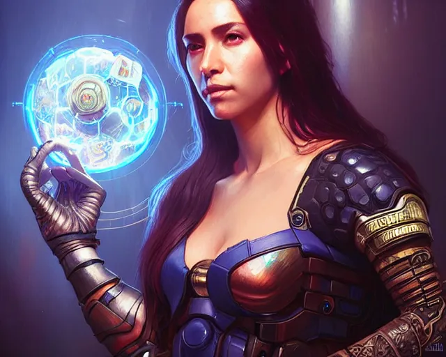 Image similar to messi with cyberpunk implants, deep focus, d & d, fantasy, intricate, elegant, highly detailed, digital painting, artstation, concept art, matte, sharp focus, illustration, hearthstone, art by artgerm and greg rutkowski and alphonse mucha