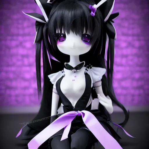 Prompt: cute fumo plush of a gothic maiden in a dark black uniform with purple highlights, laces and ribbons, soft shadow, anime girl, vray, symmetry, white frame