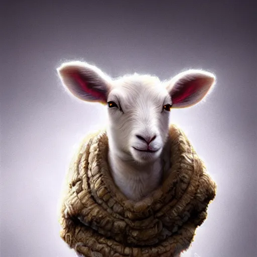 Prompt: lamb wearing a sweater, upper body shot, hyper detailed, digital art, artstation, cinematic lighting, studio quality, smooth render, by caravaggio, artgerm, greg rutkowski, craig mullins