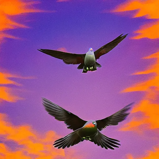 Prompt: pigeon and Phoenix flying together, purple and orange trails