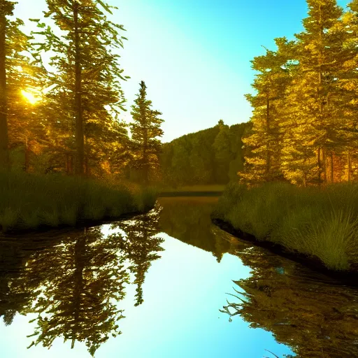 Prompt: river in a forest, golden hour, ray tracing reflection, 8k, hyper realistic, insainly detailed, hdr, octan render,