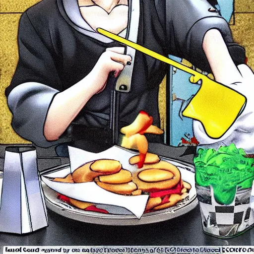 Image similar to cloud strife washing dishes at mcdonald's fast food restaurant in the style of yoshitaka amano