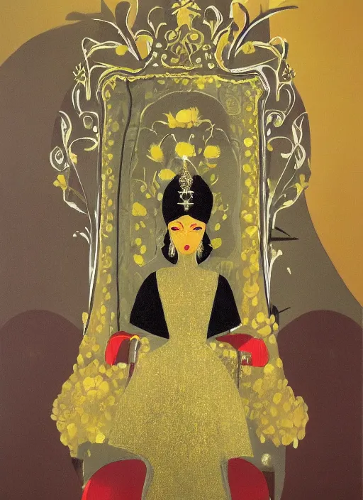 Image similar to an oil painting of a small queen in a black funeral dress sit on a throne, by eyvind earle