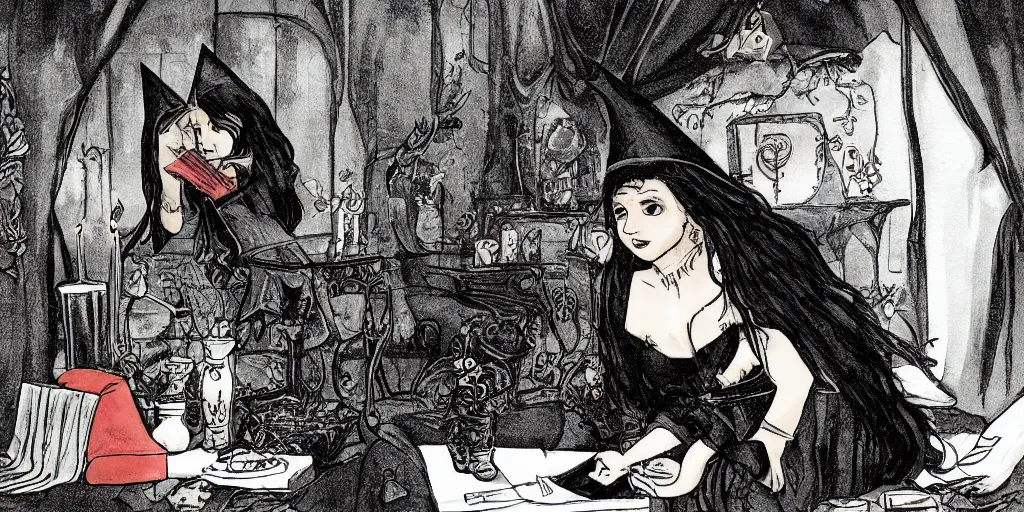 Image similar to a young black haired witch performing a tarot card fortune telling in her room full of elixirs, magical talismans and charms, illustration in the style of kaye waldberg and matthew lyrett and maria garcia garta, artstation, pixiv, smooth curves and sharp edges, gorgeous lighting,