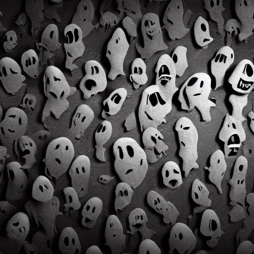 Image similar to dark wall shaped with multiple screaming faces of ghosts trapped inside it. photoreal. unreal render. cinematic. ominous shapes. haunted