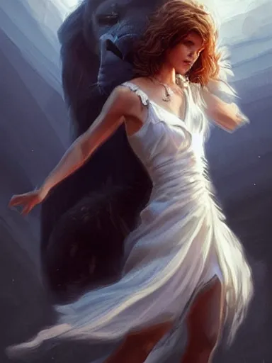 Prompt: a woman, wearing a cute white dress, strangling a lion. intricate, elegant, highly detailed, digital painting, artstation, concept art, sharp focus, illustration, by justin gerard and artgerm, 8 k